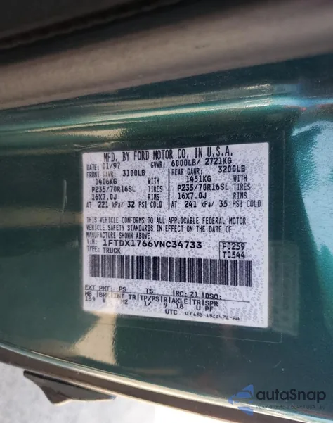 1997 Ford F150 z USA, uszkodzony, nr VIN 1FTDX1766VNC34733